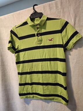 Hollister Lime Green and Black Striped Polo